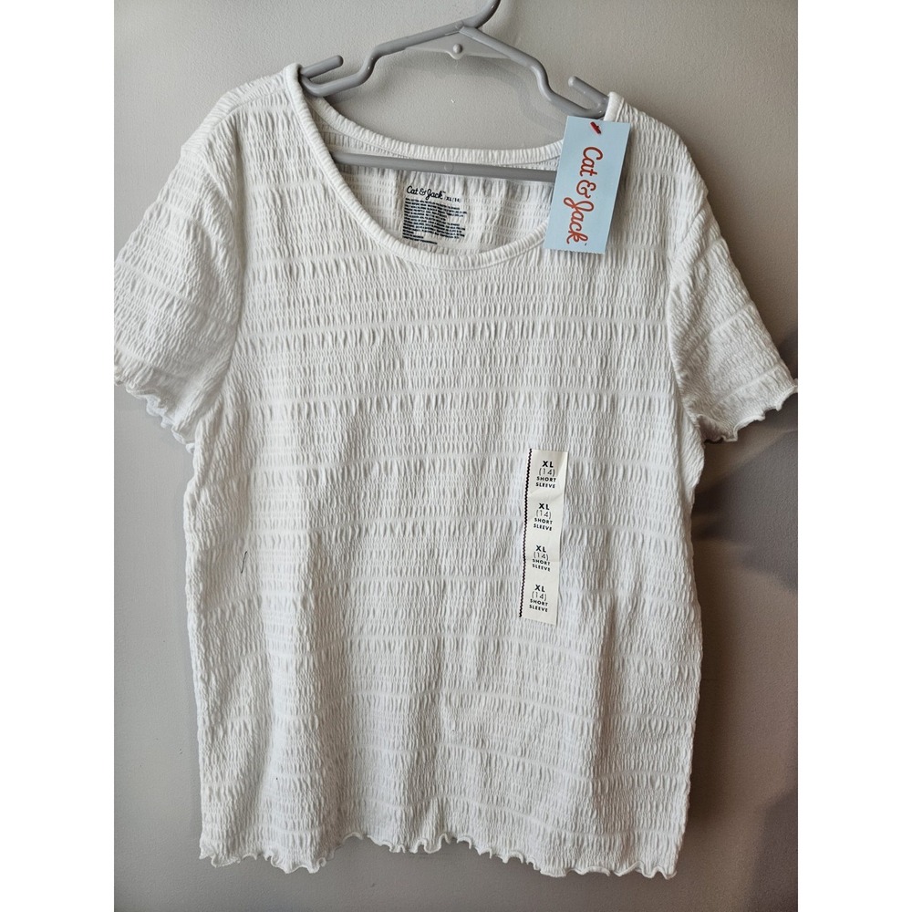 Cat‎ & Jack Girls Wavey White Shirt Sz XL 14 Short Sleeve
